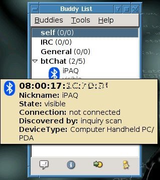 buddy list showing information about a bluetooth device in range